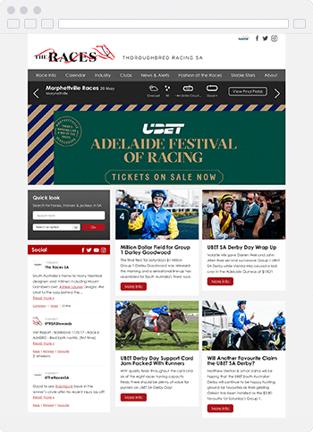 Screenshot of the Thoroughbred Racing SA website built using SproutCMS 3.0